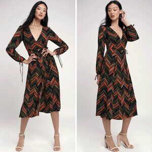 Lulu's Martini Moment Olive Green Multi Print Long Sleeve Midi Dress - Small